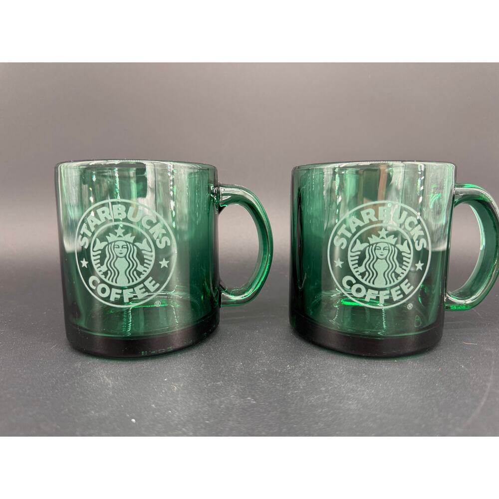 Vintage Starbucks Siren Green Glass Coffee Mugs Set of 2 Made in USA